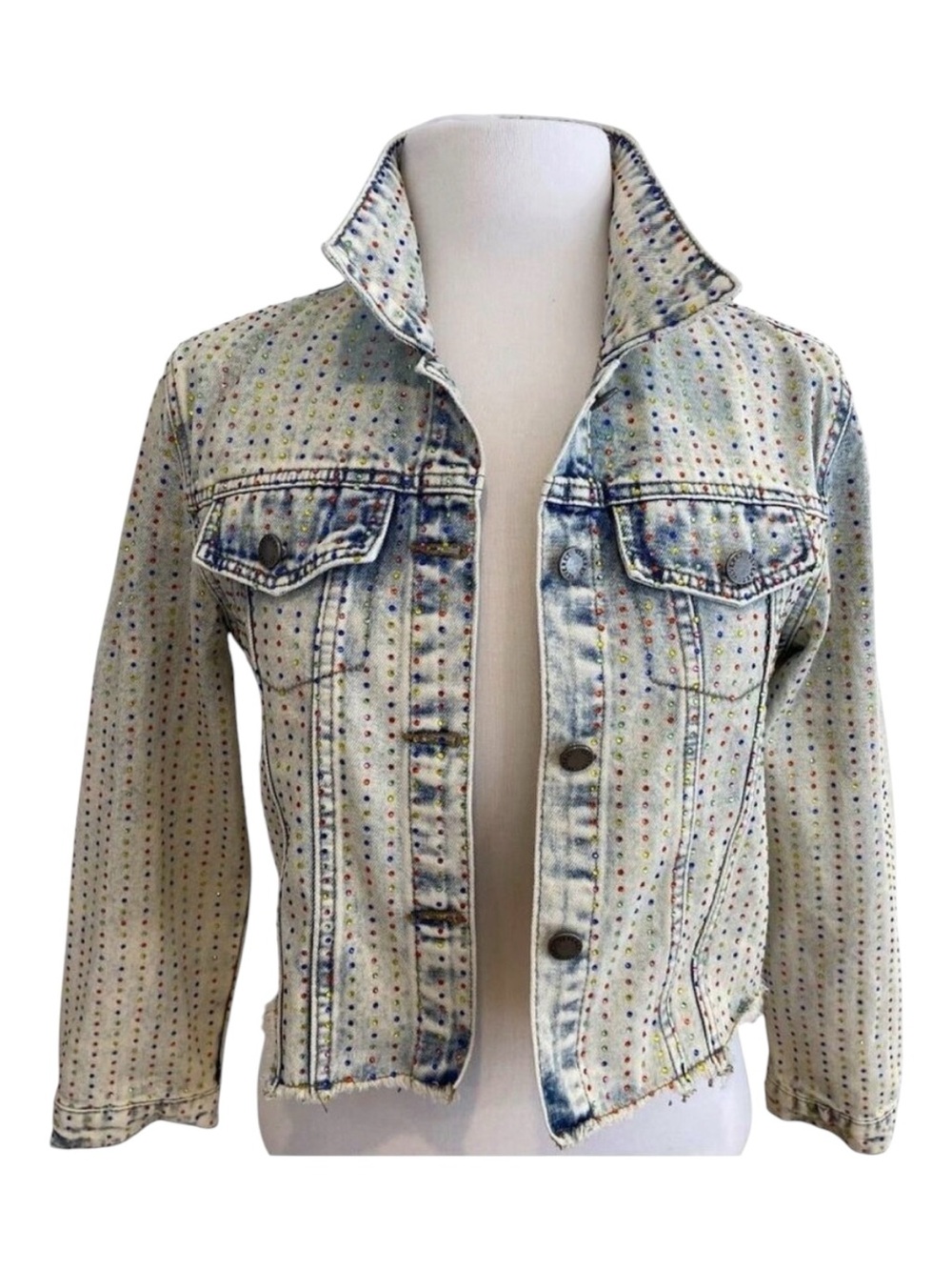 Veveret Multi Color Rhinestone Cropped Denim Jacket Y2K Bedazzled Bling Glam